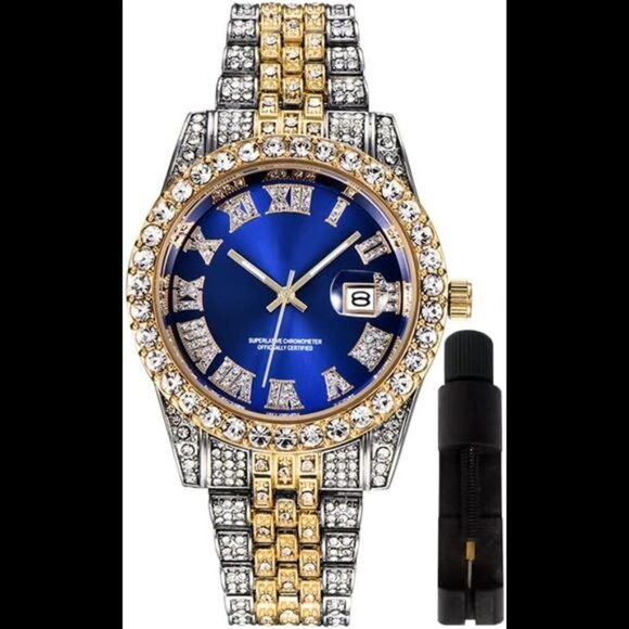 Hip Hop Watches for Men Iced-Out Bling Diamond Luxury Quartz Watches with Date - Picture 1 of 5